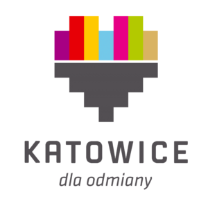 Logo Katowic. U góry dwuwarstwowe serce, symbolizujące centrum metropolii. Dół jest w kolorze szarym, góra jest wielobarwna. Pod sercem napis Katowice dla odmiany.